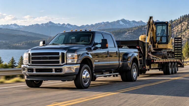 Heavy-duty dual-rear-wheel pickup towing an equipment trailer loaded with an excavator