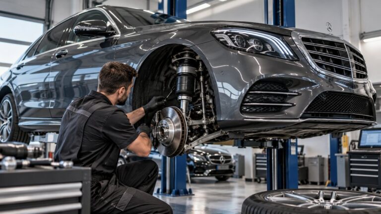 Mercedes AIRMATIC suspension inspection in a luxury workshop