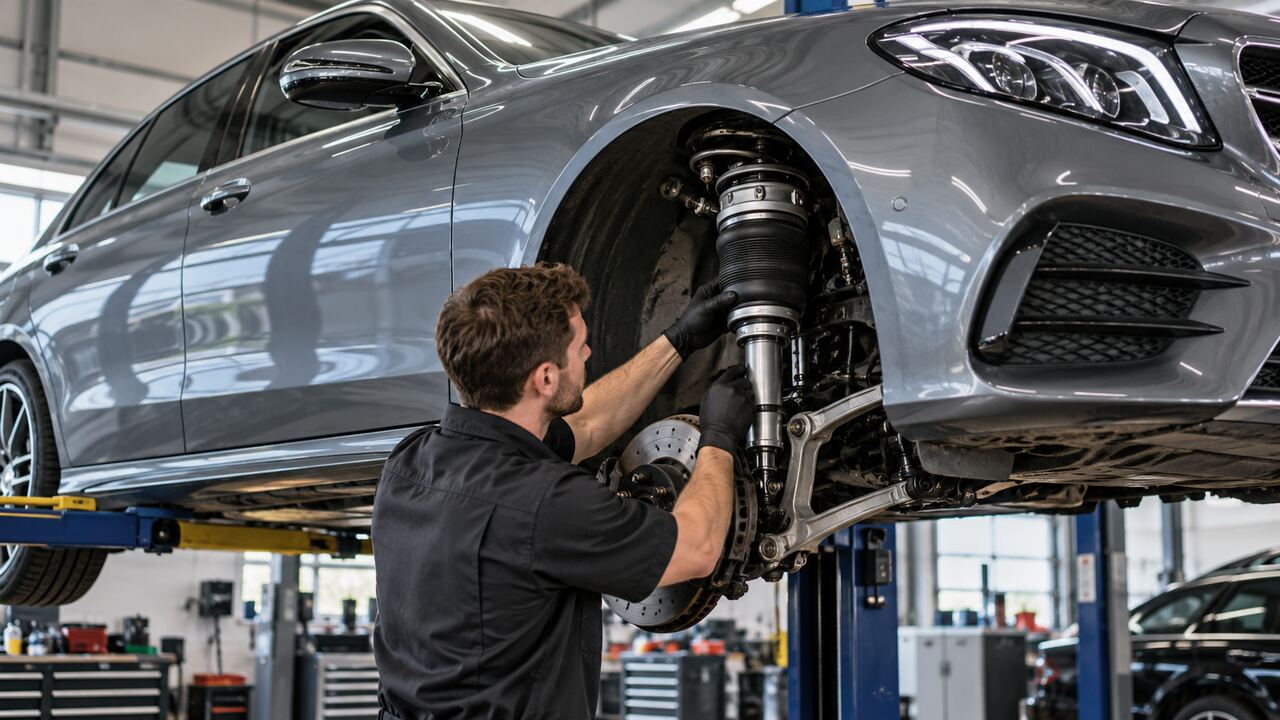 Mechanic inspecting an air suspension strut on a luxury car in a workshop