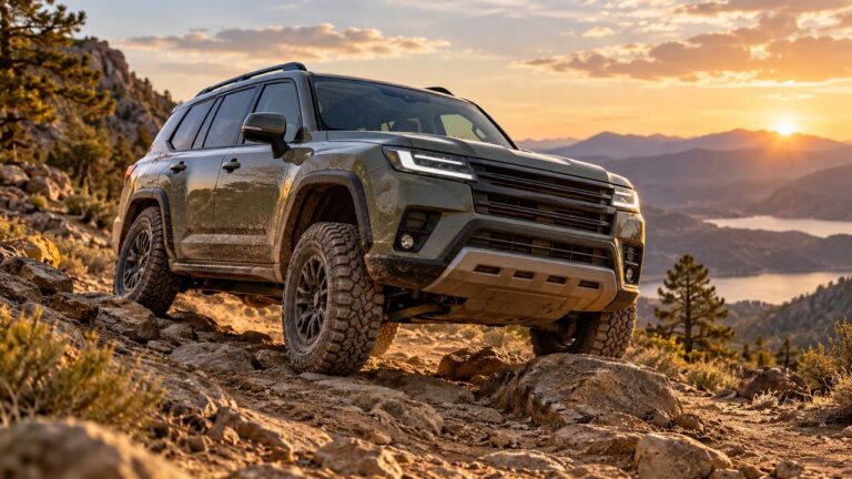 Off-road SUV driving over rocky mountain terrain at sunset