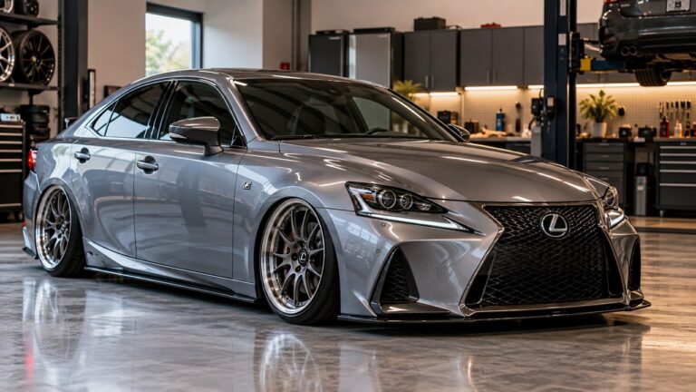 Lowered third-generation Lexus IS sedan with aftermarket wheels in a workshop