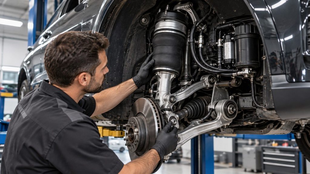 Mechanic visually inspecting an air suspension strut and nearby components with the wheel removed