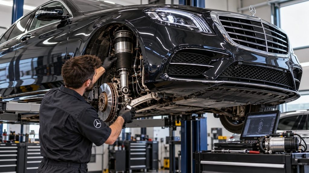 Mechanic inspecting a Mercedes front air strut with diagnostic laptop and compressor equipment nearby