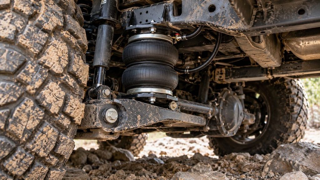 Off-road air suspension underbody close-up with air spring and axle