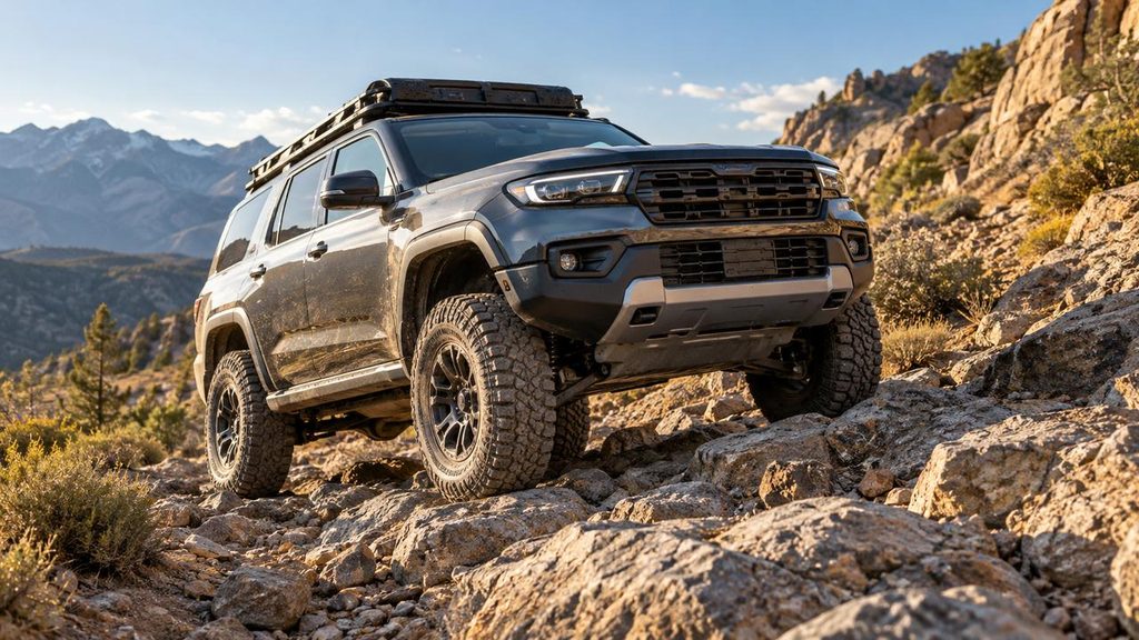 Off-road SUV driving on a rocky mountain trail