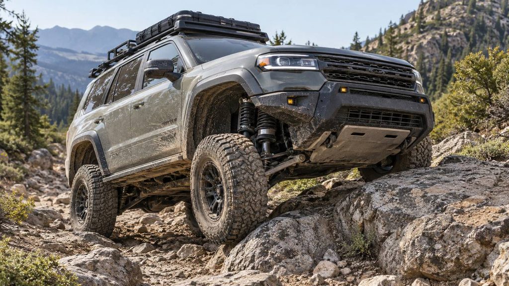 Off-road SUV climbing over rocks with visible suspension travel