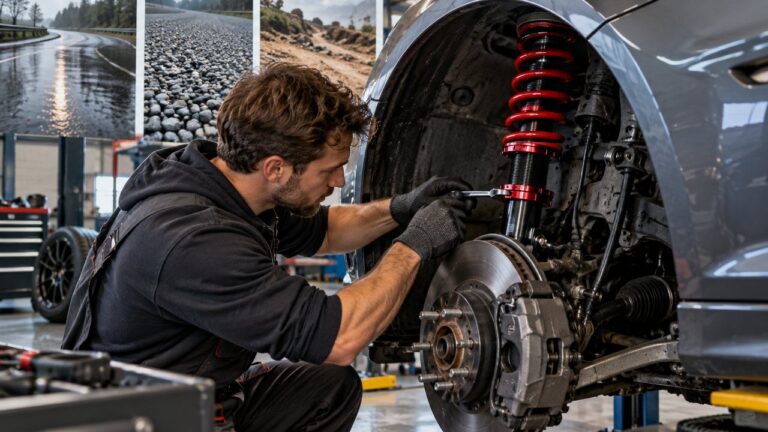 Mechanic adjusting a red coilover suspension on a car in a workshop