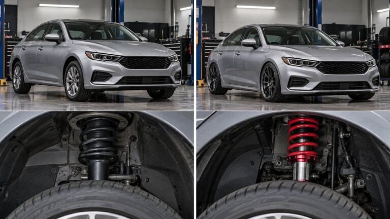 Side-by-side comparison of a sedan with stock suspension and lowered performance suspension, plus matching wheel-well suspension close-ups