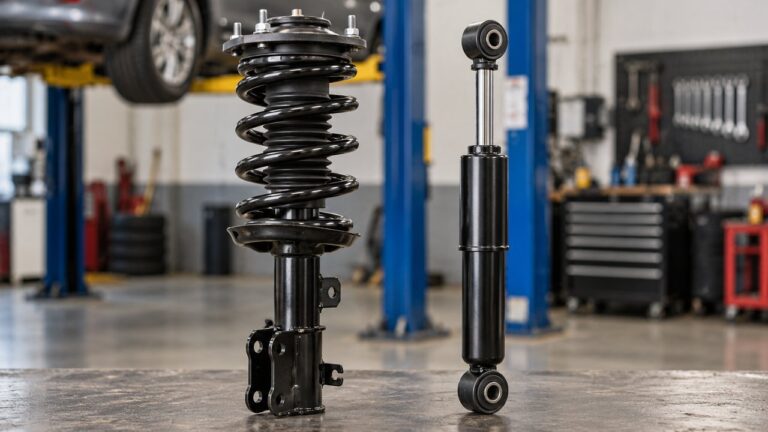 Complete strut assembly with coil spring next to a standalone shock absorber