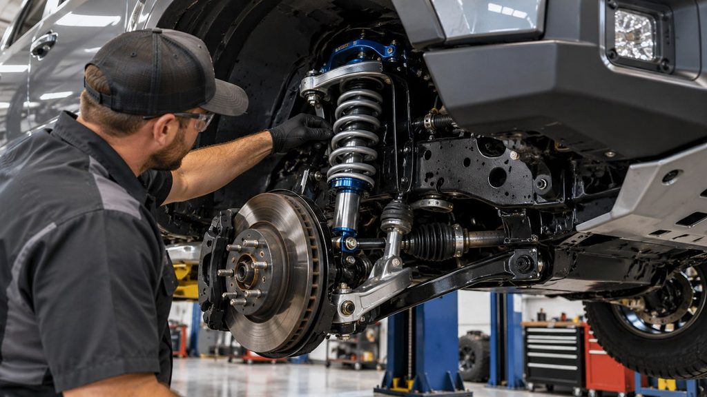 Mechanic inspecting suspension parts before wheel alignment