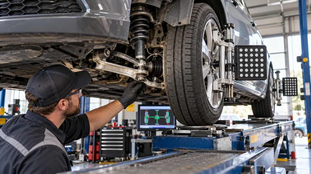 Wheel alignment being checked after suspension work