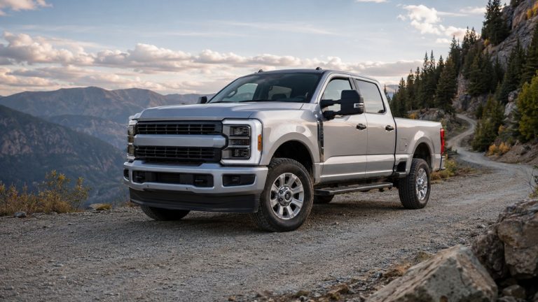 Silver Ford F-250 Super Duty driving on a mountain road