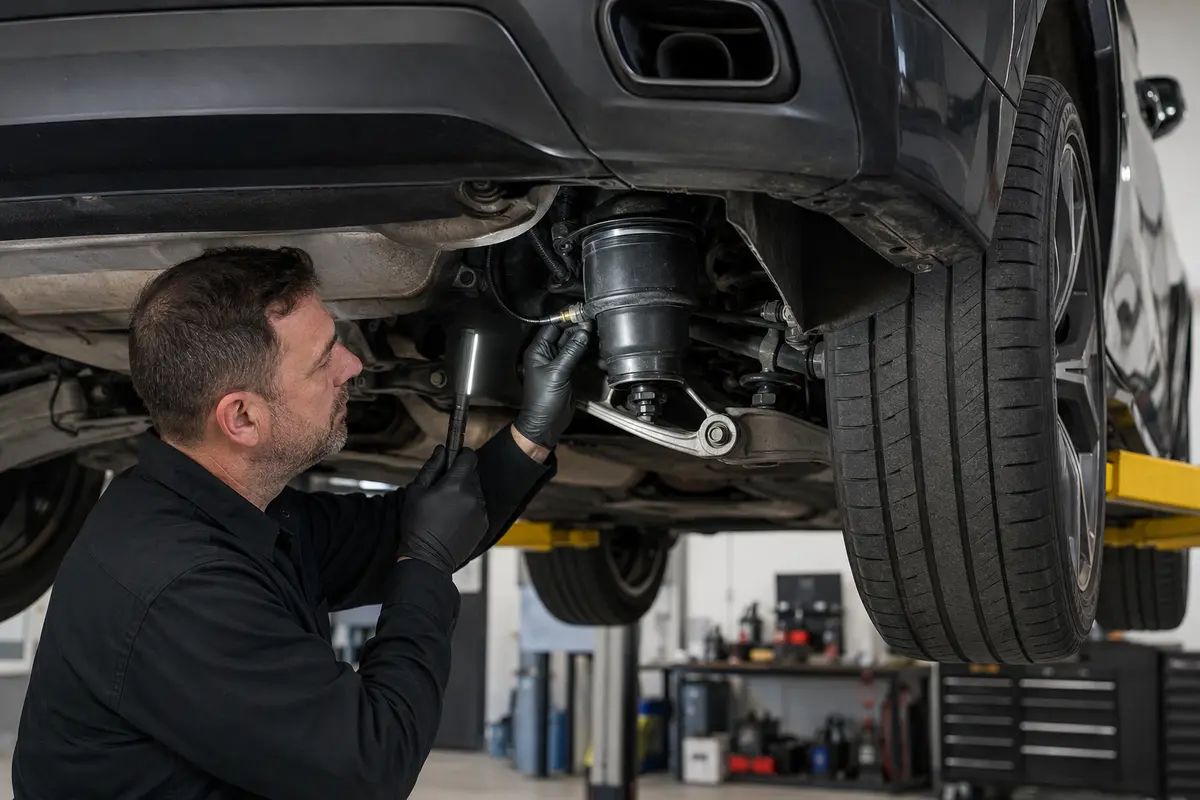 Mechanic inspecting a BMW X5 rear air suspension