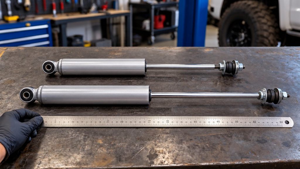 Two automotive shock absorbers of different lengths compared on a workshop bench