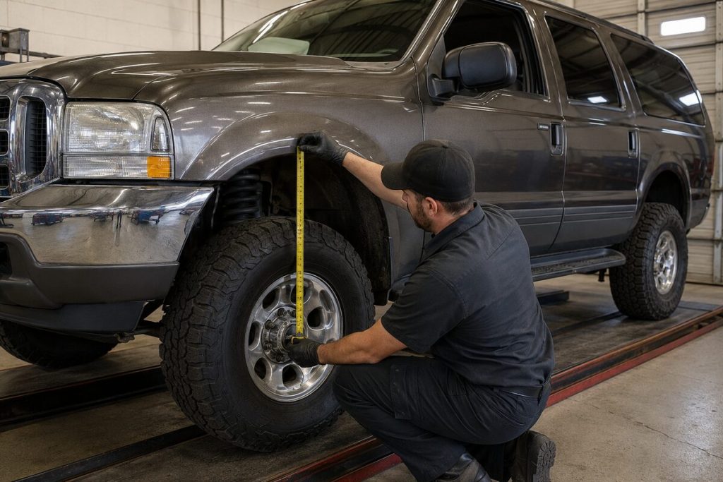 Mechanic measuring suspension lift height on a Ford Excursion