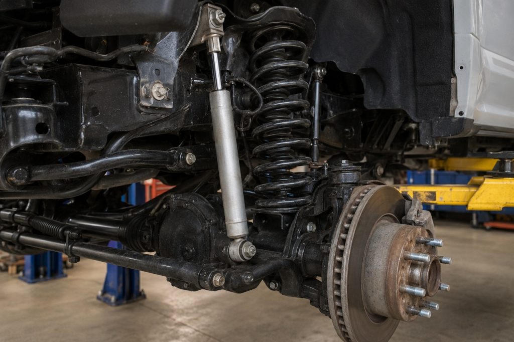 Front shock absorber and coil spring on a Ford F-250 Super Duty