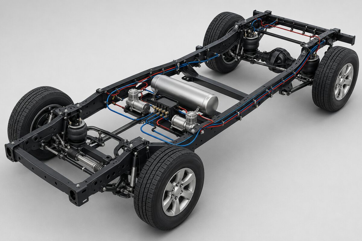 Complete four-corner air ride system with air springs, tank and compressors
