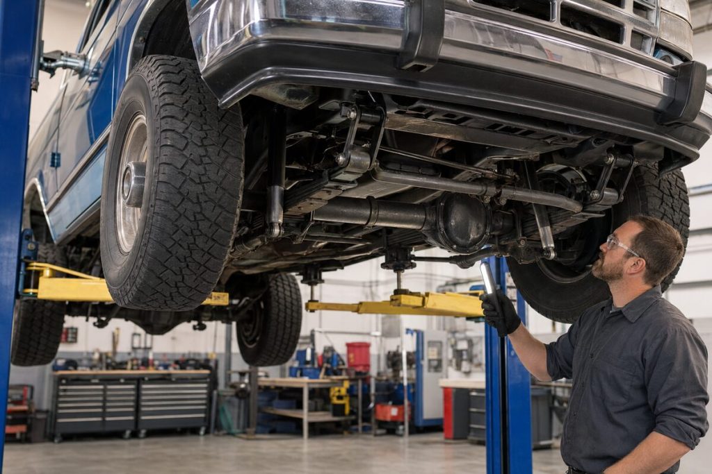 Mechanic inspecting the leaf-spring front suspension on an OBS F-350