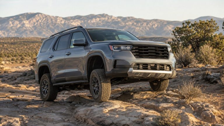 Off-road SUV articulating its suspension on a rocky trail