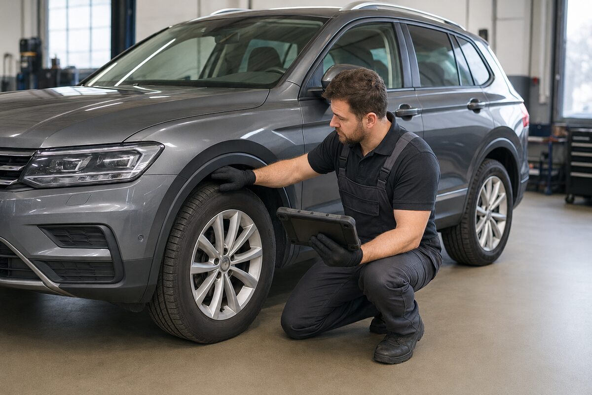 Mechanic checking an SUV air suspension with a diagnostic scanner