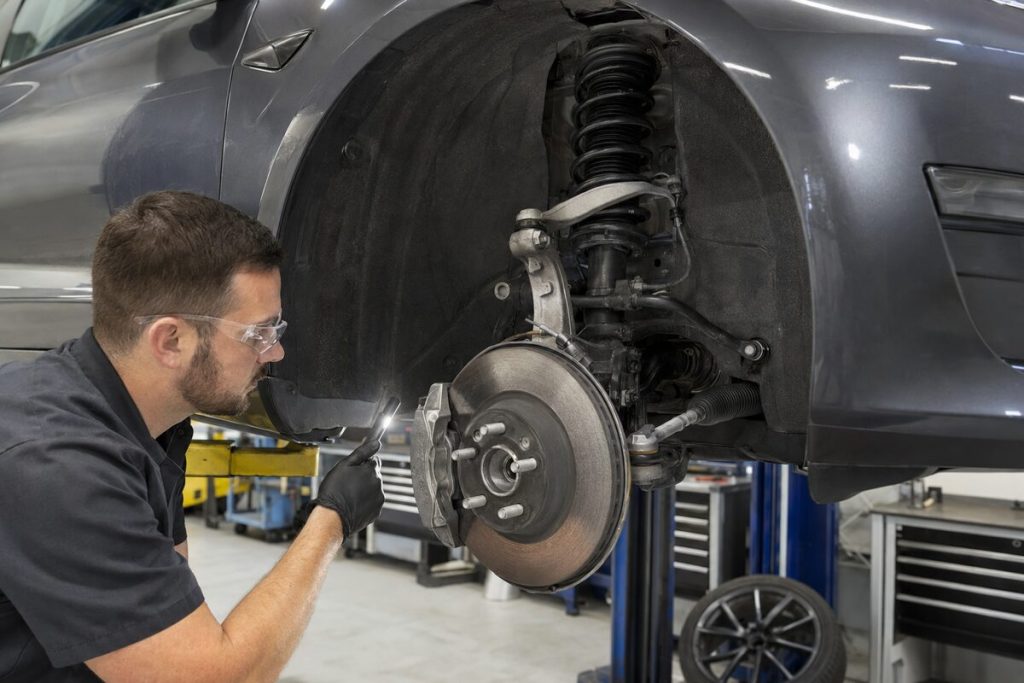 Technician inspecting front suspension components on an electric sedan