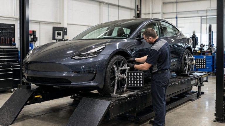 Electric sedan undergoing a suspension inspection on an alignment rack