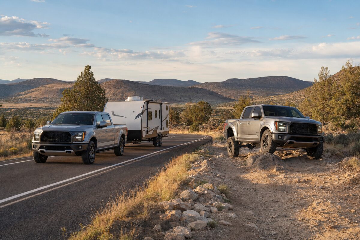 Pickup truck towing on-road and driving off-road