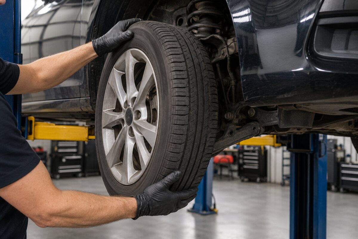 Mechanic checking a wheel for play during a wobble diagnosis