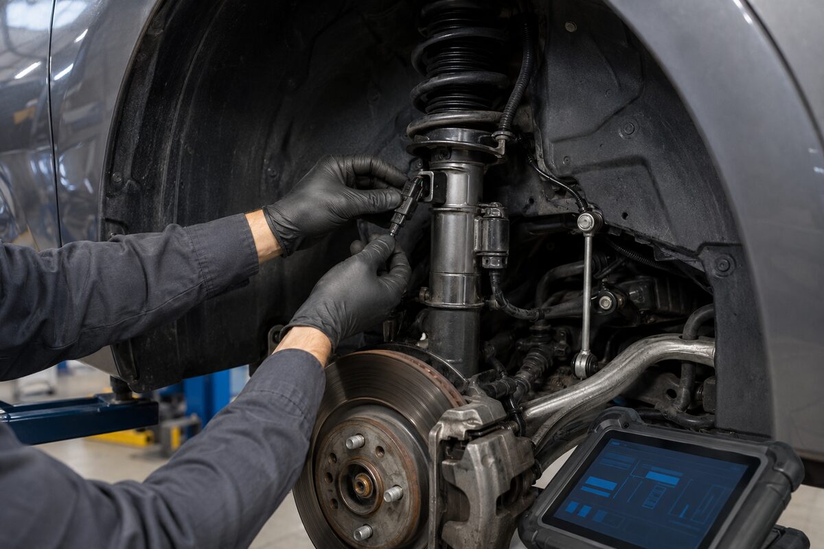 Technician inspecting an adaptive damper electrical connector