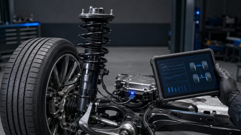 Adaptive damping suspension strut connected to electronic diagnostics