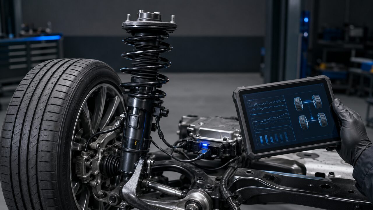 Adaptive damping suspension strut connected to electronic diagnostics