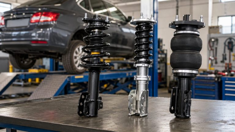 OE-style strut, performance coilover and air suspension strut compared
