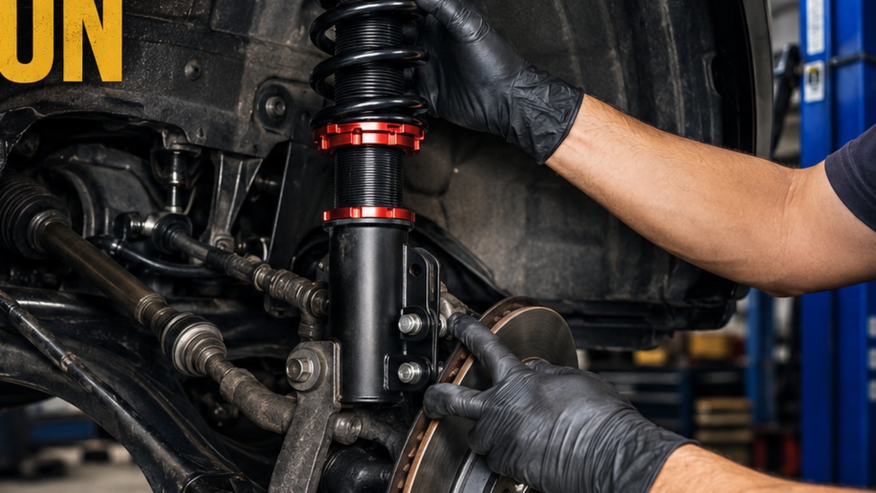 Mechanic installing a coilover suspension on a car