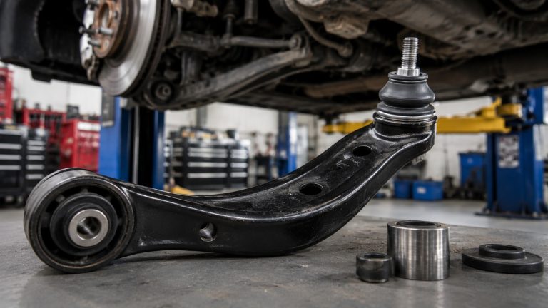 Control arm with replacement bushings in an automotive workshop