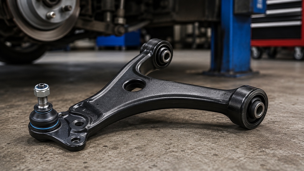 Automotive control arm with ball joint and bushings