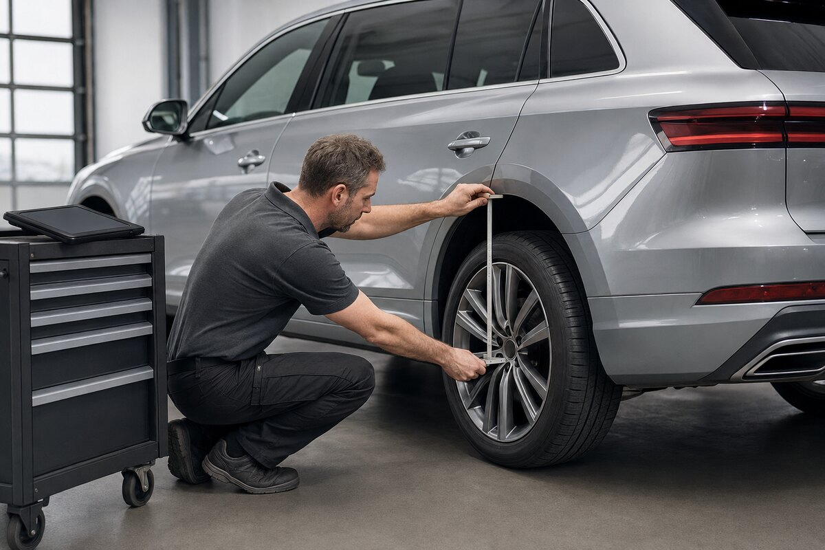 Technician measuring ride height during a luxury air suspension diagnosis