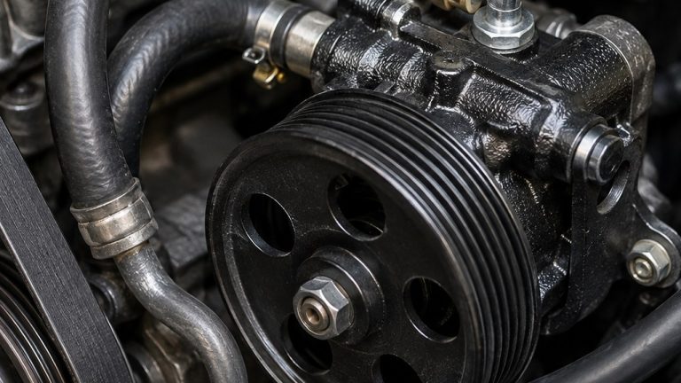 Power steering pump and pulley in a car engine bay