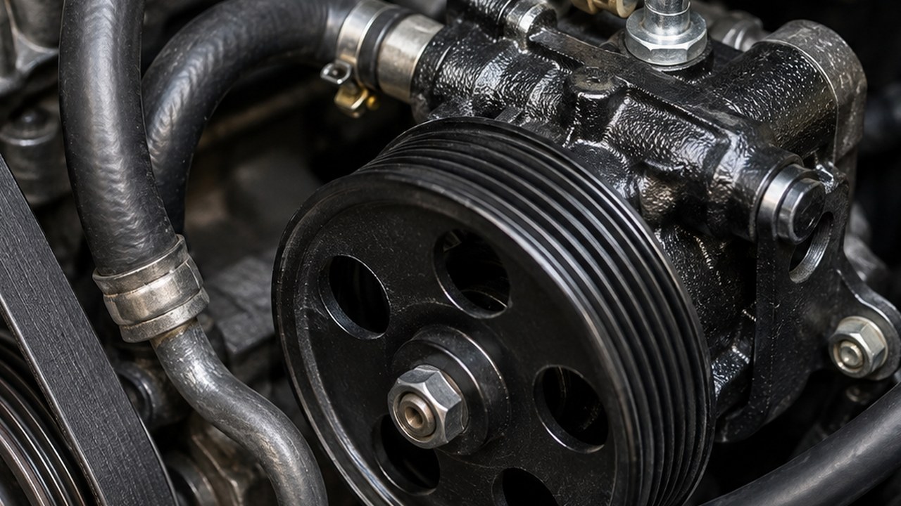 Power steering pump and pulley in a car engine bay