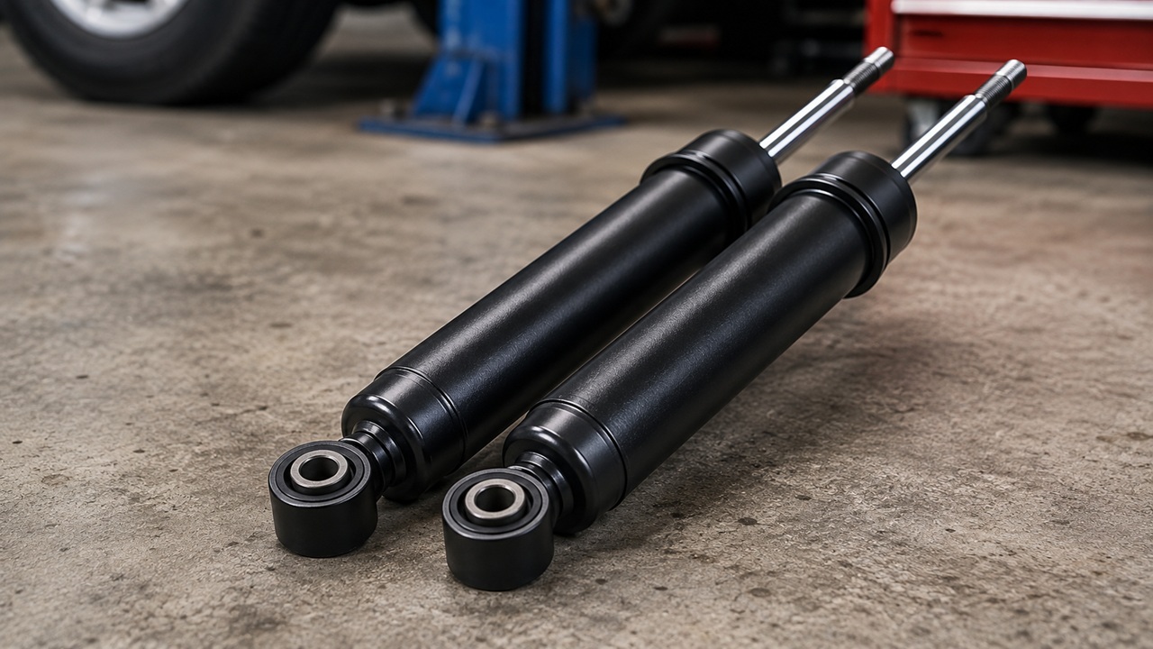 Pair of automotive shock absorbers in a repair workshop
