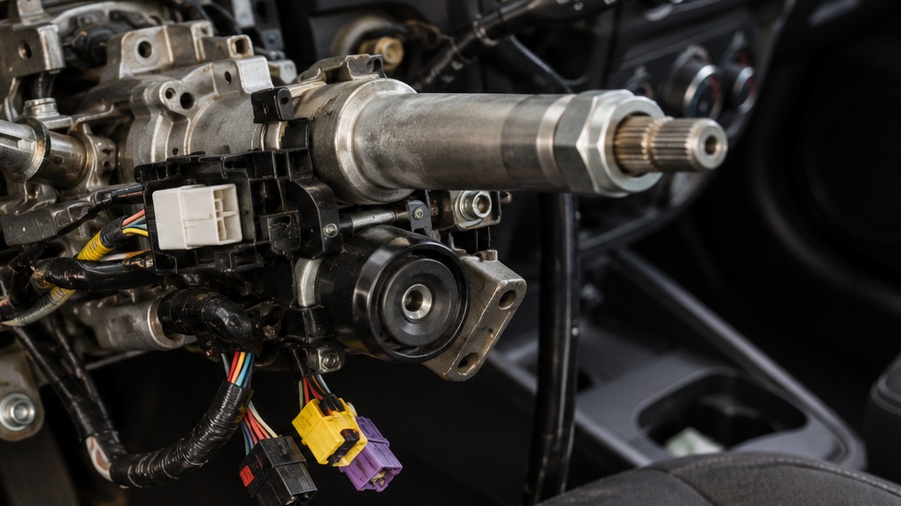 Exposed steering column assembly inside a car