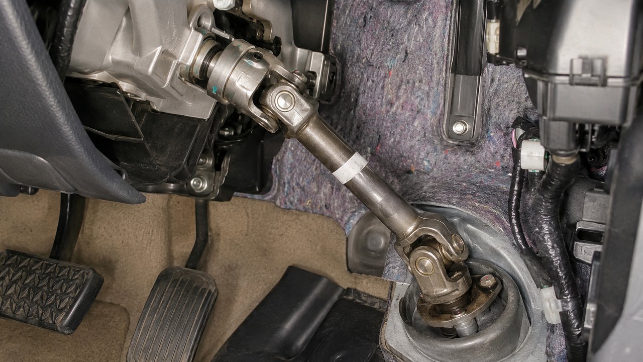 Intermediate steering shaft and universal joint under a car dashboard