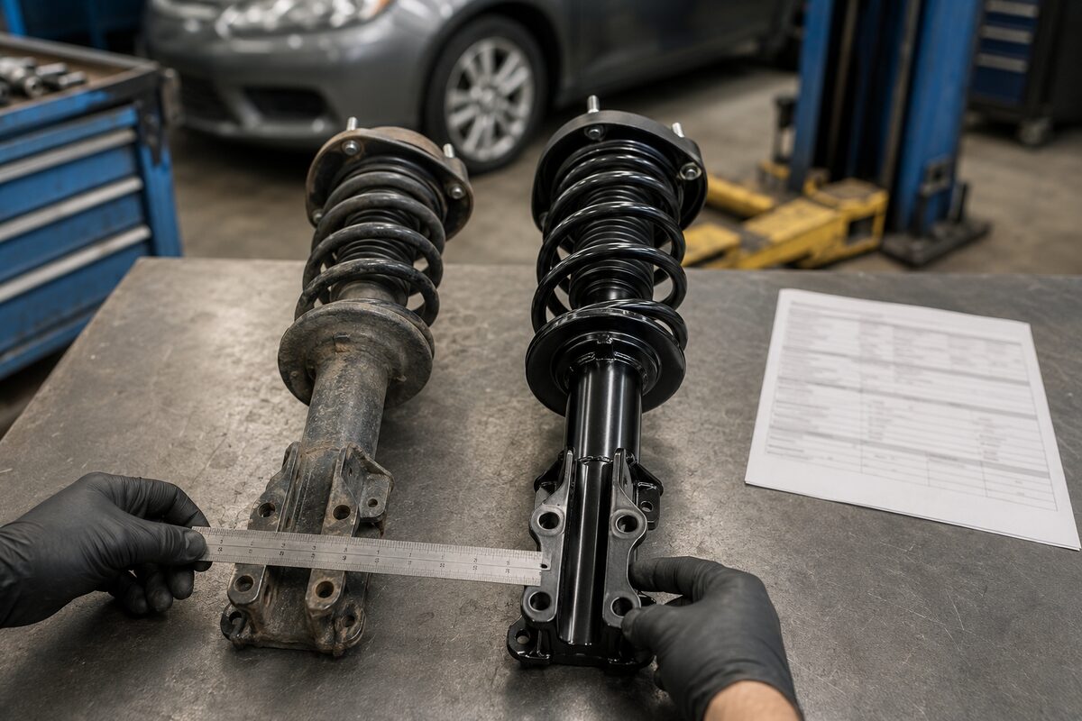 Mechanic comparing old and new suspension strut fitment