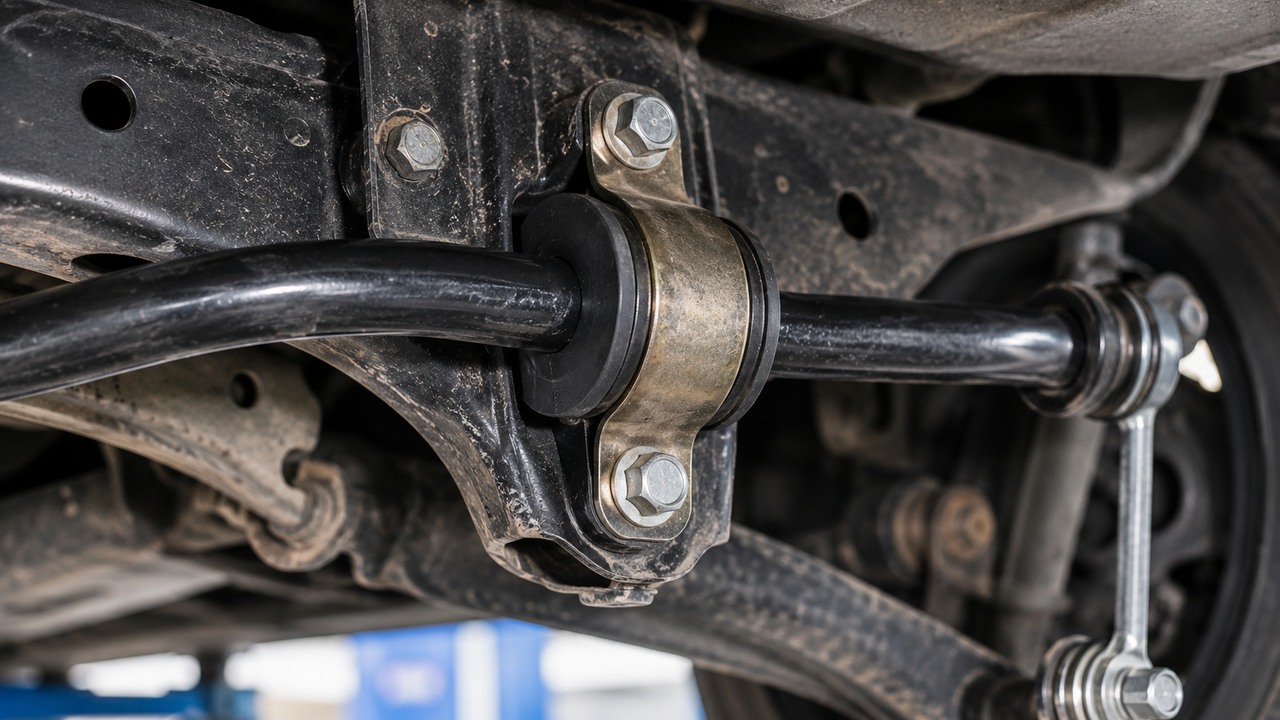 Sway bar bushing mounted under a vehicle