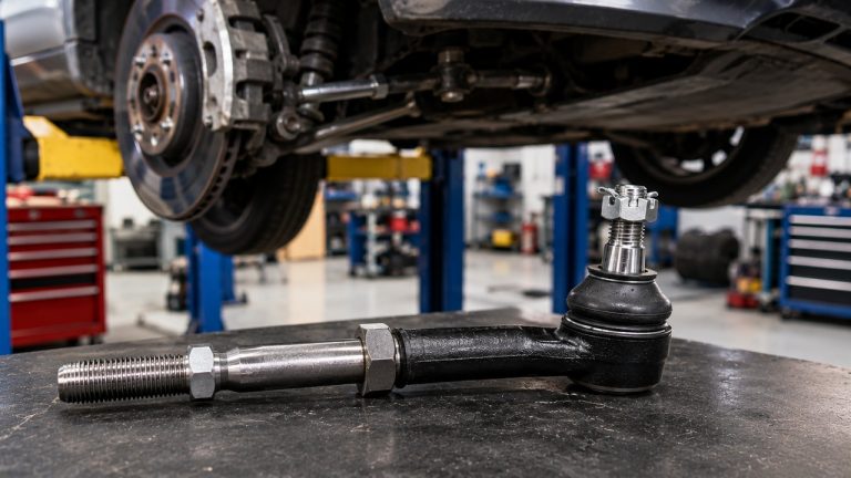 Tie rod assembly in an automotive workshop
