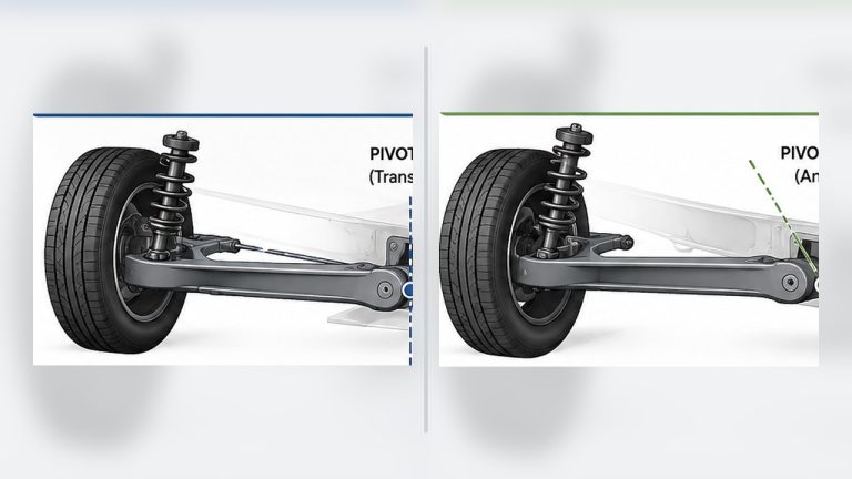 Trailing arm suspension showing pure and semi-trailing arm layouts