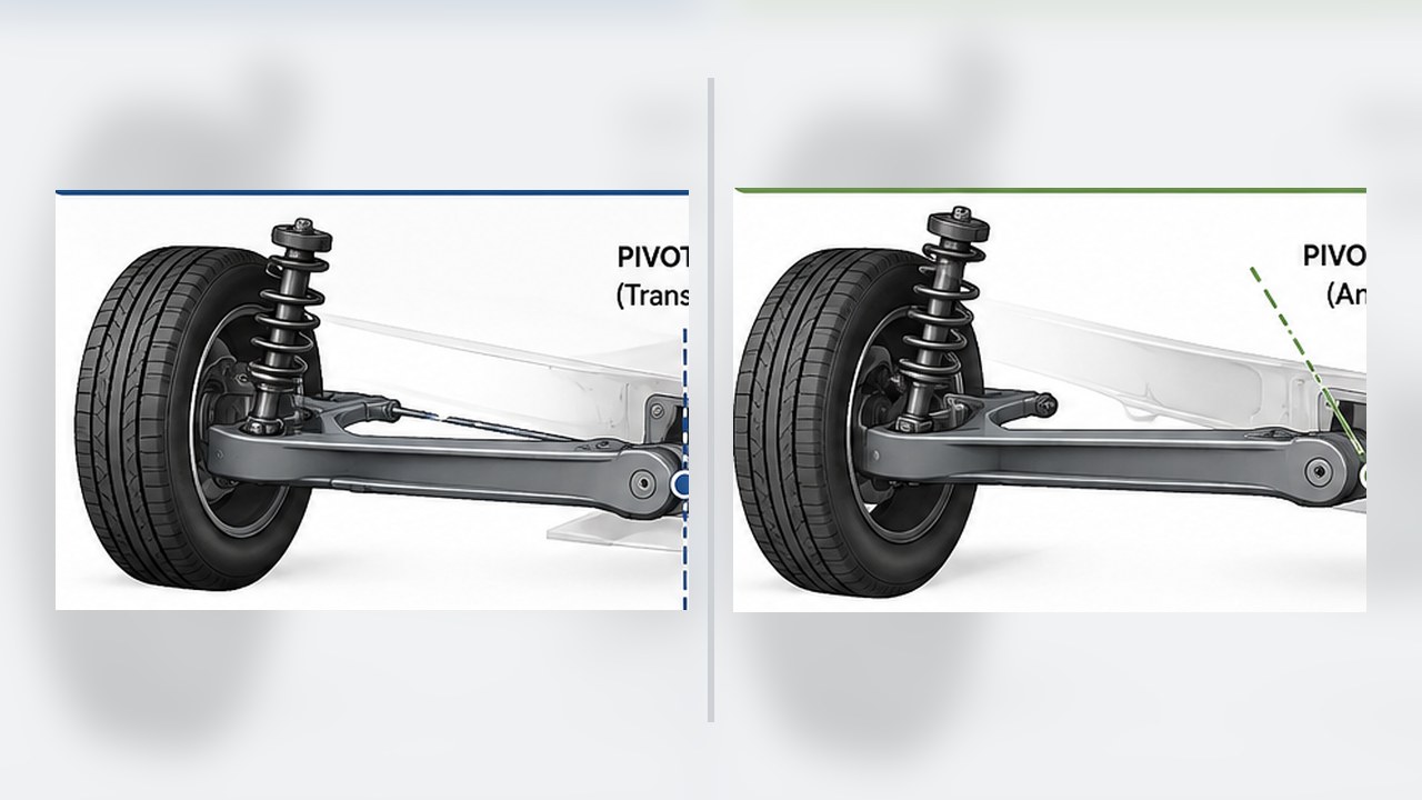 Trailing arm suspension showing pure and semi-trailing arm layouts