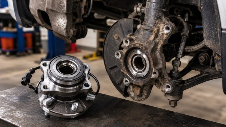 Wheel hub assembly beside a vehicle steering knuckle