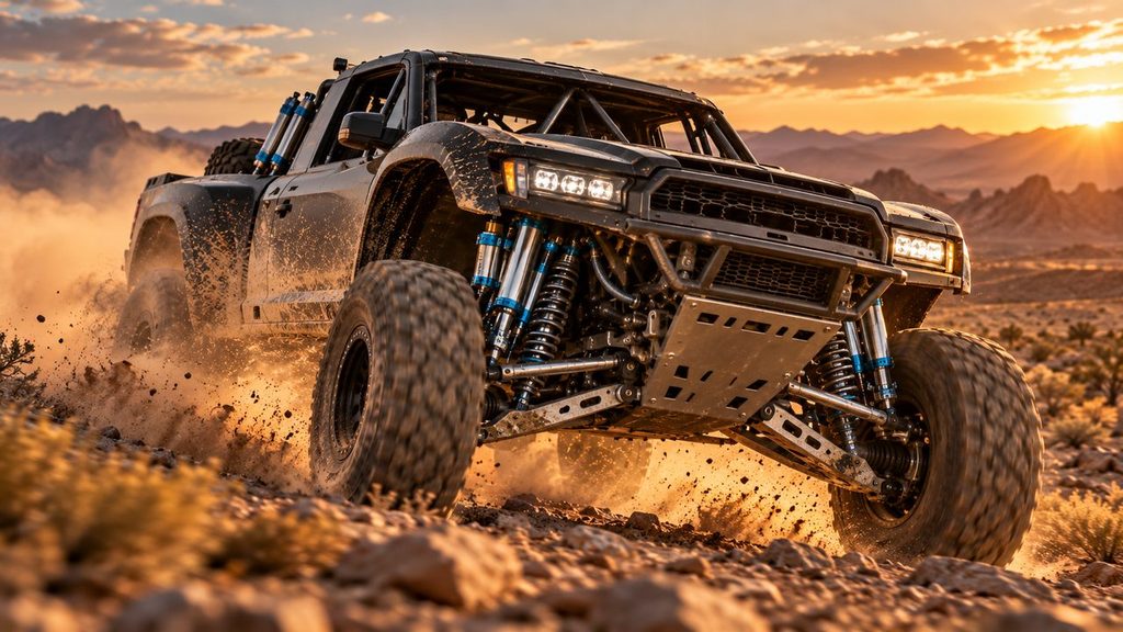 Off-road truck with bypass shocks driving at speed across desert terrain
