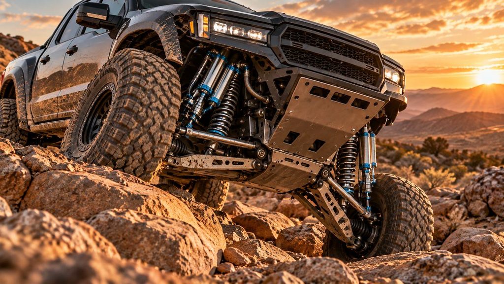 Off-road truck using bypass shocks over uneven rocky terrain