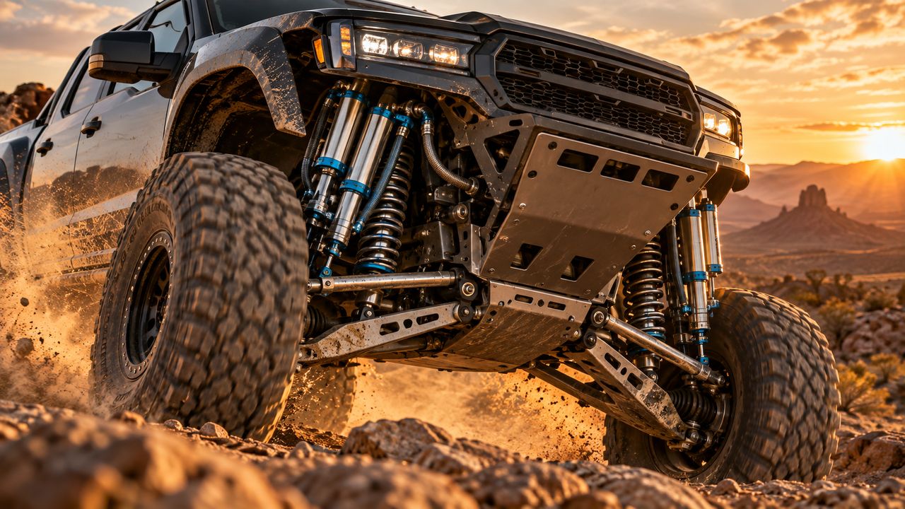 Off-road truck with external bypass shocks and long travel suspension